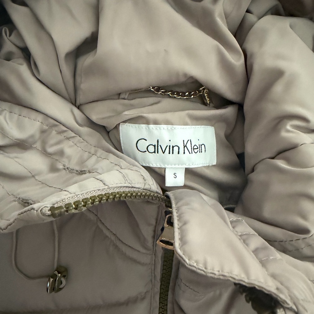 Calvin Klein Light Tan/Grey Puffer Jacket with Removable Fur Trim